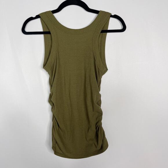 Evereve XSmall Olive Green Linen Rib Ruched Tank Top Crew Neck Side Seam Ruching - Picture 2 of 12